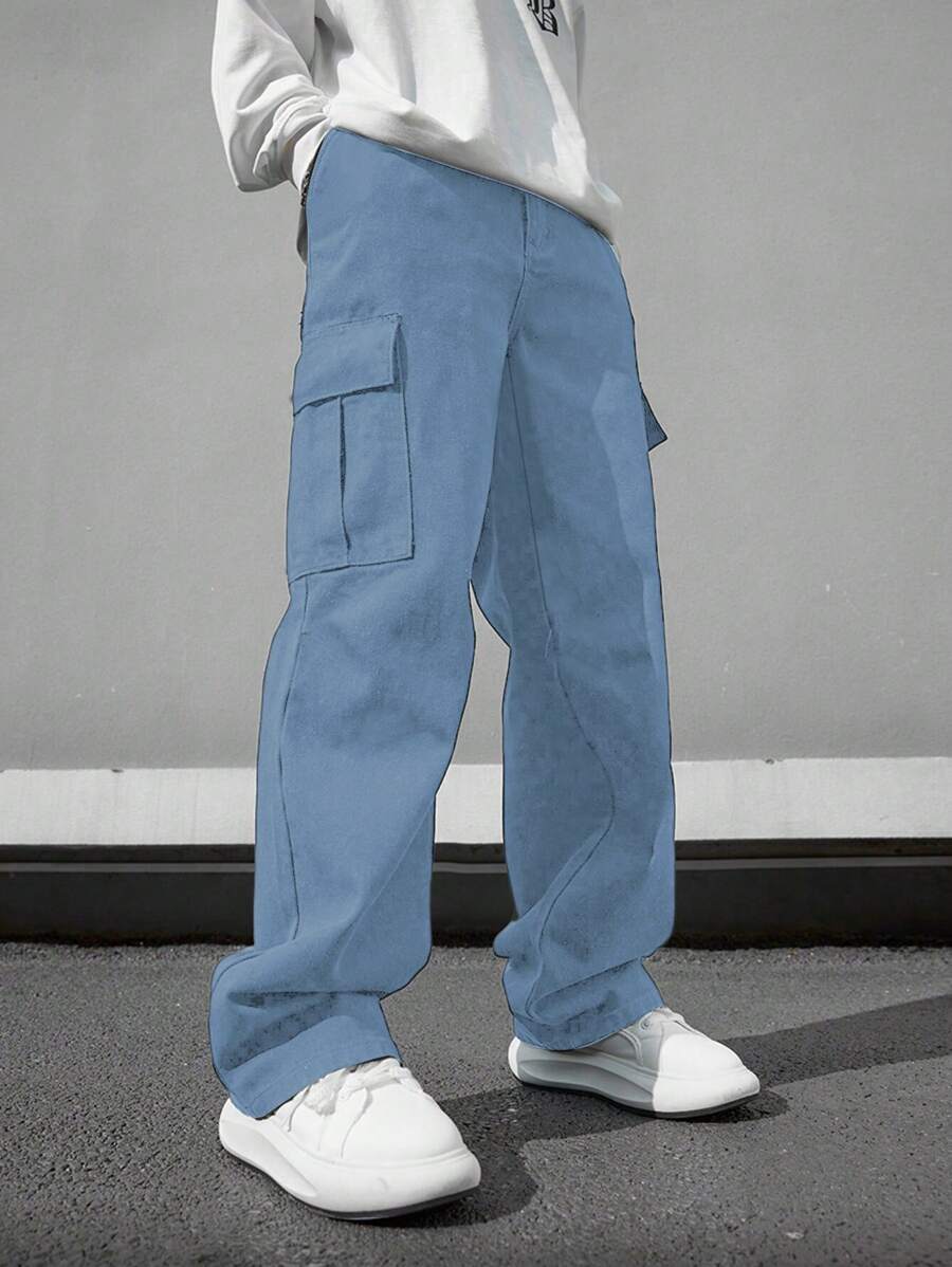 1pc Tween Boy Comfortable Versatile Loose Straight Leg Multi-Pocket Casual Pants, Spring/Summer/Autumn - Dusty Blue - View 1