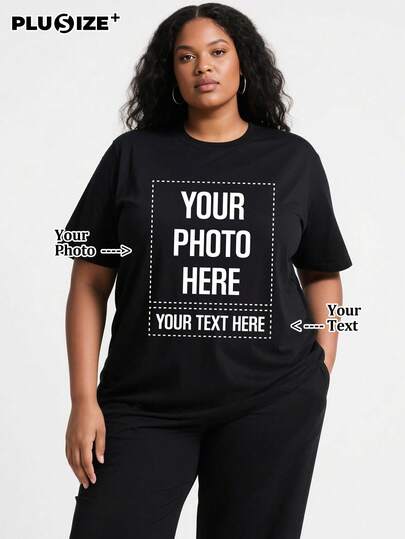 PLUS SIZE Personalized Crew Neck Dog & Cat Pet Souvenir Gifts,Women's Casual T-Shirts – Add Your Pictures(Selfie/Photo/Friend Photo /Lover Photo/Boyfriend Photo/Couple Logo/Boyfriend Customized). You Can Personalize Printed T-Shirts With Text To Celebrate Father's Day And Mother's Day.