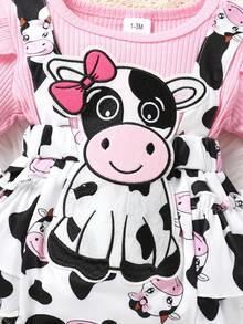 两件套休闲优雅甜美可爱女宝宝秋季套装，柔软舒适，3D奶牛贴花层叠波点印花荷叶边连体衣和发带 - 彩色 - 查看 5