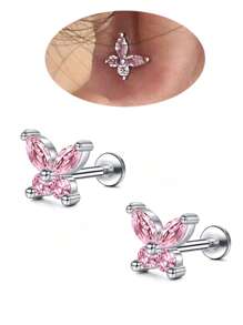 Threadless Flat Back Earring Stud Hypoallergenic Stainless Steel Push Pin Flower Cartilage Earring Helix Tragus Conch Nose Piercing Jewelry For Women - Multicolor - View 23