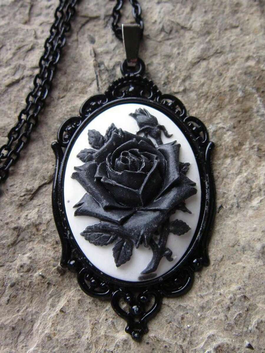 1 Piece Vintage Black Rose With Black Necklace Gothic Black Alloy Women's Pendant Necklace Suitable For Holiday Parties And Daily Clothing Matching - 黑色 - 查看 1