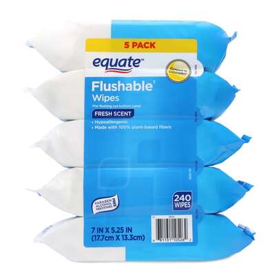 Equate Flushable Wet Wipes, Fresh Scent – 240 Wipes (5 Pack) | Plant-Based & Hypoallergenic!