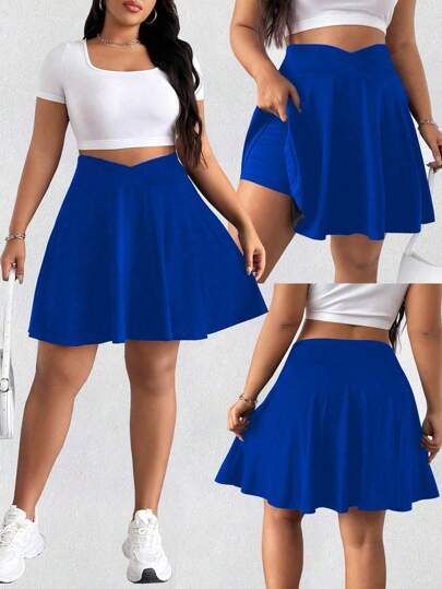 Plus Size Women's Summer Sports Outdoor Running Fitness Casual Solid Color Golf V-Neck High Waist Slimming Mini Skirt Shorts