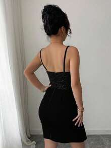 Vestido elegante dama mujer sexy fiesta graduación plumas lentejuela tirantes delgados bajo ajustado posterior cierre zipper noche calor primavera verano cumpleaños boda - Negro - Ver 2