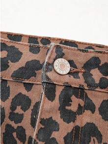 Leopard Print Frayed Side Slit Denim Midi Skirt - 棕色 - 查看 5