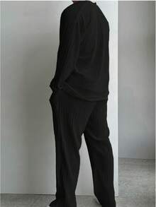 男士休闲度假褶皱长袖衬衫和裤子套装，轻便宽松，适合所有季节，秋季服装 - 黑色 - 查看 7