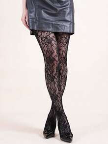 1 双黑色碎花渔网紧身裤，女士薄款蕾丝镂空网格连裤袜，适合春秋季的深色美学，藤蔓图案趣味万圣节/节日 JK 紧身连裤袜，透气透明性感紧身袜 - 黑色 - 查看 6