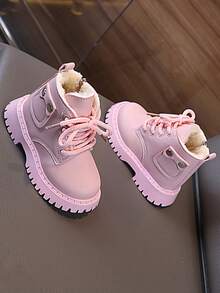 1 Pair Girls' Fashion PU Lace-Up Side Zipper Waterproof Anti-Slip Comfortable Dry Motorcycle Warm Boots, Suitable For Winter