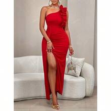 2024 Autumn & Winter Women's Solid Color Asymmetrical Shoulder Ruffle Trim Ruched Design Sleeveless Elegant Charm Slit Dress For Party ,Dating, Single Party, Formal Dinner Or Gala Event,Valentines Day