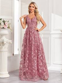 V领无袖亮片花卉刺绣网纱晚礼服 - 藕粉色 - 查看 7