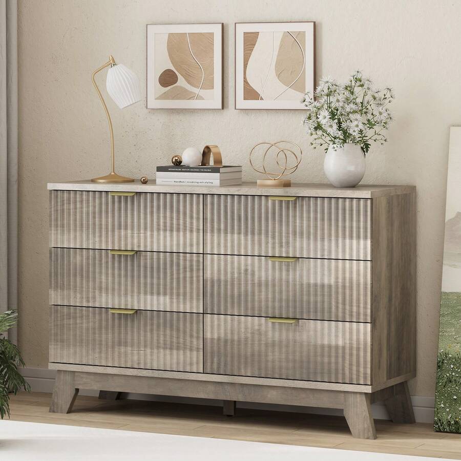 Fluted 6 Drawers Dresser, 47" Wide Modern Chest Of Drawers With Wood Legs, Dresser TV Stand, Wood Drawer Organizer For Bedroom, Living Room, Hallway - 灰色 - 查看 1