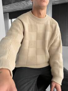 1pc Men's Solid Plaid Round Neck Sweater, Casual, Sports, Fitness, Fashion, Versatile, Outdoor, Street Style, Loose, Textured Knit, Autumn/Winter