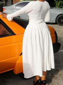 Women's Plus Size Midi Dress Long Sleeve V Neck Button Front Dress Long Flowy Dress - trắng - Xem 1