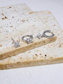 三件套可叠戴耳环套装，精致小巧，适合多个耳洞佩戴，可爱立方氧化锆花朵耳钉，银色，轻盈低敏，女士/女孩耳骨耳环 - Silver-5# - 查看 2