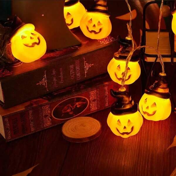 1 PIEZA Luces de cadena con forma de calabaza Jack-O'-Lantern LED - Funciona con baterías, perfecto para decoraciones de Halloween en fiestas, casas embrujadas y espacios al aire libre (Baterías no incluidas)