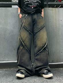 1pc Men's Distressed Vintage Wash Deconstructed Patchwork Wide Leg Jeans (Product Does Not Include Belt And Accessories) - Blue - View 2