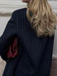 女士条纹西装外套，中式立领长袖，时尚宽松假口袋，编织条纹面料，优雅日常穿着 - 藏蓝色 - 查看 4