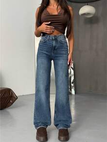 SQUALO Women's Wide Leg Color With Pocket Details Destroyed Retro Washed Street Style Jeans Ripped And Cutout Wide Leg Jeans - Royal Blue - View 2