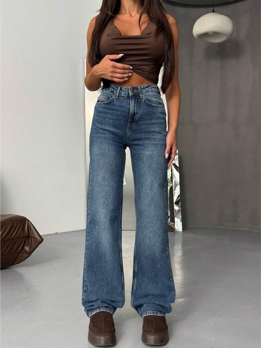 SQUALO Women's Wide Leg Color With Pocket Details Destroyed Retro Washed Street Style Jeans Ripped And Cutout Wide Leg Jeans