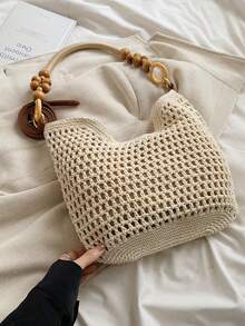 Elegant Vacation Style Bead Crochet Bag &Shoulder Bag& Hollowed Out Tote Bag For Women ,Wooden Handle Woven Handbag, Perfectly Matching With Crochet Set, Vacation Essentials, Perfectly Matching With Beach Accessories Women, Beach Necessities,Beach Essentials,Beach Stuff & Summer Essentials, Hottest Beach Bags - Beige - View 6