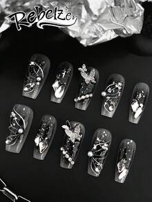 10片装手工按压式美甲贴片，长棺材形，手工3D立体浮雕及手绘工艺，饰有3D蝴蝶、水钻、珍珠、银箔装饰，黑色渐变及银色闪粉底色，四季皆宜，适合甜美酷女孩、哥特风爱好者、派对、约会及日常佩戴，是甜美酷女孩、蝴蝶爱好者、哥特风爱好者及优雅哥特风粉丝的理想之选。套装包含一瓶果冻胶和一把指甲锉。 - 彩色 - 查看 2
