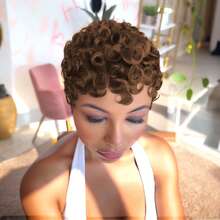 4# Wig Pendek Keriting Cokelat untuk Wanita, Gaya Rambut Pixie Pendek, Tanpa Lace Front, Tenunan Mesin Penuh, Potongan Pixie Berlapis dengan Poni, Bahan Rambut Manusia, Cocok untuk Hari Valentine dan Pemakaian Sehari-hari - Coklat - View 2