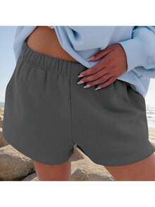 Women Athletic Shorts Loose Fit Solid Color Drawstring Sweatshorts For Yoga Running - 深灰色 - 查看 4