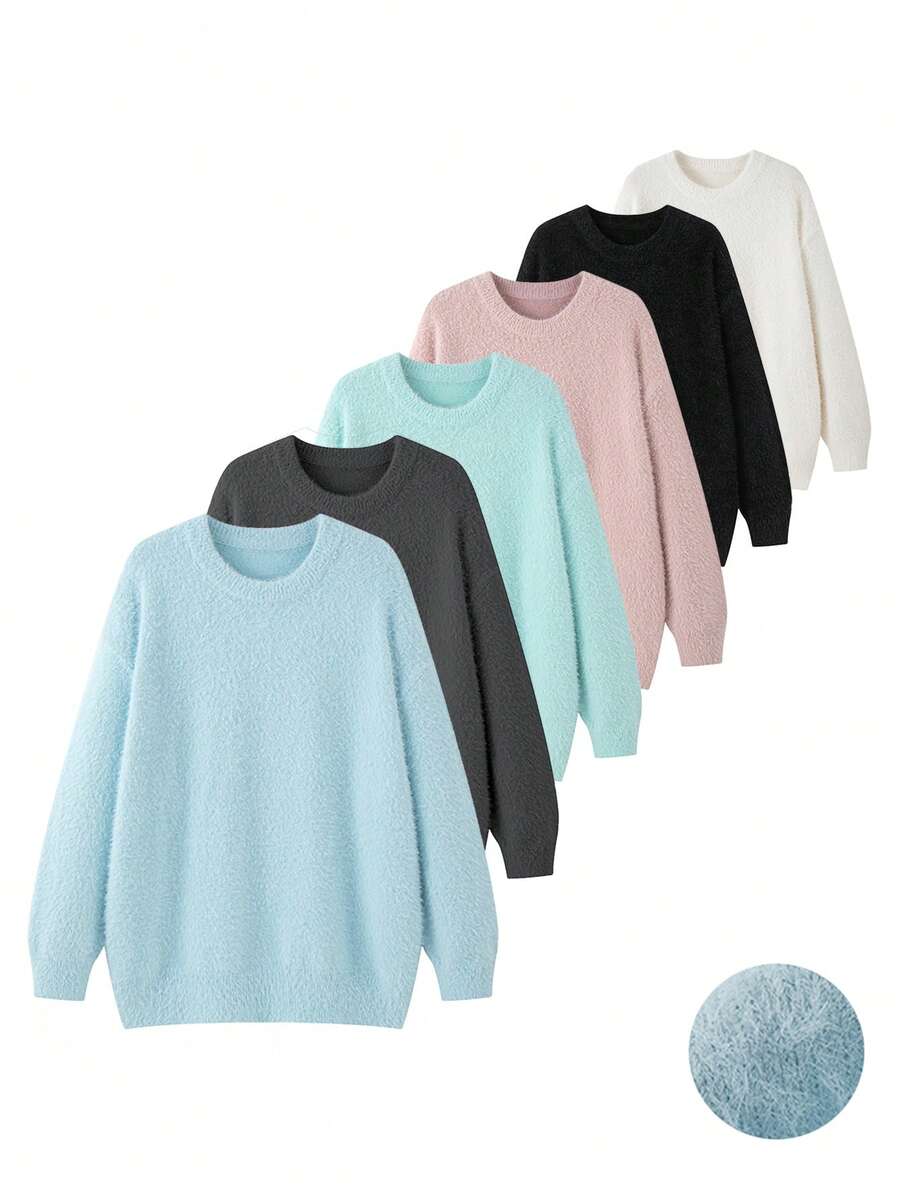 1pc Women Fleece Round Neck Dropped Shoulder Long Sleeve Sweater,Ins Style,Soft And Skin-Friendly,Casual Home Style,Home Wear,Comfortable,For Daily Wear,Going Out,Autumn/Winter