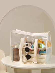 1 pieza Bolso de playa de gelatina transparente resistente al agua y a las manchas con capacidad ultra grande, bolsa organizadora transparente para maquillaje, artículos de tocador, artículos de baño, ropa, libros y gadgets tecnológicos, ideal para el hogar, viajes, dormitorio y en movimiento, viajes a la playa, vacaciones de primavera, vacaciones de verano, junto a la piscina y picnics, regalo ideal para el Día de la Madre y la graduación, versátil para el uso diario para cosméticos, cuidado de la piel, accesorios, documentos de viaje y almacenamiento de dispositivos - Beis - Ver 1