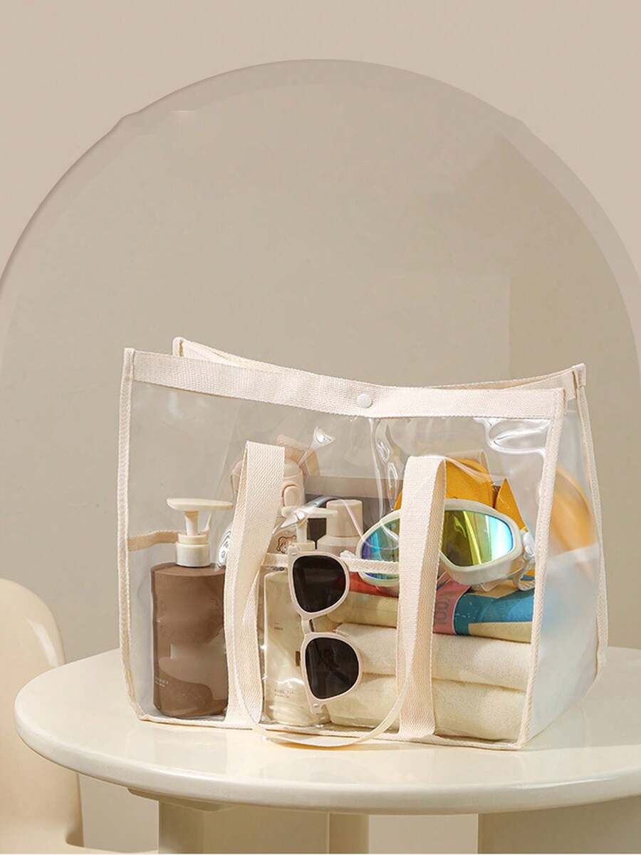 1 pieza Bolso de playa de gelatina transparente resistente al agua y a las manchas con capacidad ultra grande, bolsa organizadora transparente para maquillaje, artículos de tocador, artículos de baño, ropa, libros y gadgets tecnológicos, ideal para el hogar, viajes, dormitorio y en movimiento, viajes a la playa, vacaciones de primavera, vacaciones de verano, junto a la piscina y picnics, regalo ideal para el Día de la Madre y la graduación, versátil para el uso diario para cosméticos, cuidado de la piel, accesorios, documentos de viaje y almacenamiento de dispositivos - Beis - Ver 1