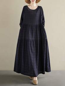 AZAH Áo kiểu Tết Nguyên Đán Trung Quốc 2026, Đầm dài tay cổ tròn dáng rộng xếp ly mùa thu mới, Đầm dáng suông nữ, Đầm đi biển phong cách Bohemian thường ngày, Đầm cơ bản, Đầm liền thân, Đầm dài mùa thu thanh lịch màu đen - màu đen - Xem 7