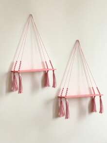 1Pc/2Pcs Bohemian Pink Hanging Shelf With Tassels And Beads, Decorative Wood Wall Mounted Floating Shelf For Bedroom, Living Room – Cute Boho Organizer For Small Plants, Toys, And Accessories, Macrame Wall Hanging Shelf - Boho Wood Wall Shelves With Wood Beads, Farmhouse Floating Shelf Rustic Hanging Plant Shelf For Bedroom Living Room Preppy Room Decor - Hồng - Xem 12