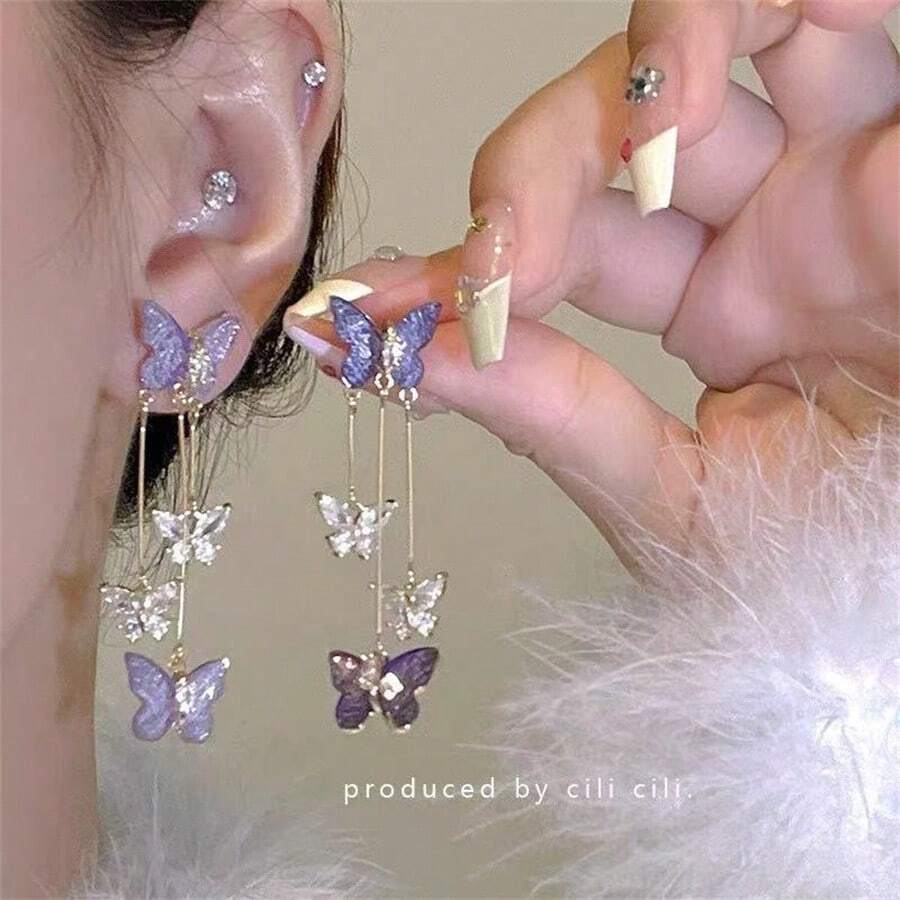 Pair Purple Elegant Butterfly Dangle Earrings For Women, Cute Animal Pendant Long Tassel Holiday Theme Jewelry For Women Vacation & Gift Giving - 紫色 - 查看 1