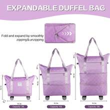 Expandable Rolling Duffle Bag - Large Carry-On With Spinner Wheels, Foldable Weekend Travel Bag, 28-58L Capacity - Màu tím - Xem 2