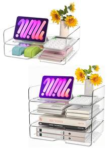 [ 收纳架 ] 2/4 件可堆叠透明亚克力文件托盘支架 - 多功能办公桌面收纳架和大容量展示架 - 便携式收纳柜 - 信件和文件架