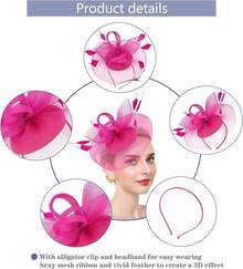 Ibeauti Fascinator Hats With Screentouch Lace Gloves Set Women Tea Party Cocktail Wedding Derby Headwear Short Gloves - 07 亮粉色 - 查看 5