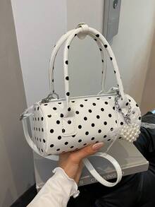 手提波点包2024新款高端撞色圆筒包辣妈百搭时尚通勤手提包爱心吊坠送女友礼物首选