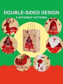 12Pcs Christmas Gift Bags With Handles,Reusable Christmas Gift Bags,Santa Claus Snowman Bells Christmas Tree Pattern Kraft Paper Bags,Party Favor Bags