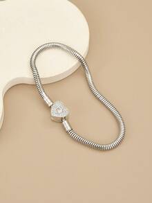 1pc Fashionable Charm Cubic Zirconia Snake Chain Stainless Steel Bracelet For Men & Women, Red Heart, Heart Lock, Suitable For Party, Daily Wear, European & American Style, Personalized, Generosity, Cubic Zirconia, Wedding Jewelry, Gift For Girl, Relative, Friend, Birthday, Valentine's Day, Gift For Lover - Silver - View 15