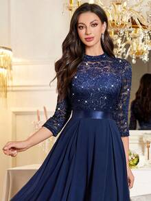 MIUSOL Abito a balze in chiffon con scollo a collo alto, maniche a 3/4, orlo con volant, decorato con paillettes e pizzo floreale, elegante abito da sera per signora, linea A, adatto per invitati a matrimoni, cerimonie di laurea, cene formali e altre occasioni, San Valentino - Blu Navy - Visualizzare 10