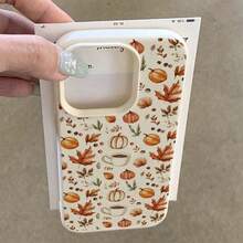 1pc TPU Material Warm Autumn Pumpkin, Maple Leaf, Coffee Cup Pattern Phone Case Compatible With IPhone/Compatible With Redmi Waterproof Shockproof Anti-Fall Scratch Resistant - White - View 4