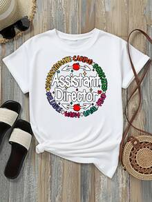 Women's-Shirt Crew Neck Black White Options Compassionate Caring Dedicated Assistant Director Warm Loyal Kind Print Casual Daily Wear Shirts Summer Tops Graphic Tees Summer Outfits Women Graphic Tees Women Crop Tops Tops Women Vintage Cotton Cute Clothes Women - White - View 2