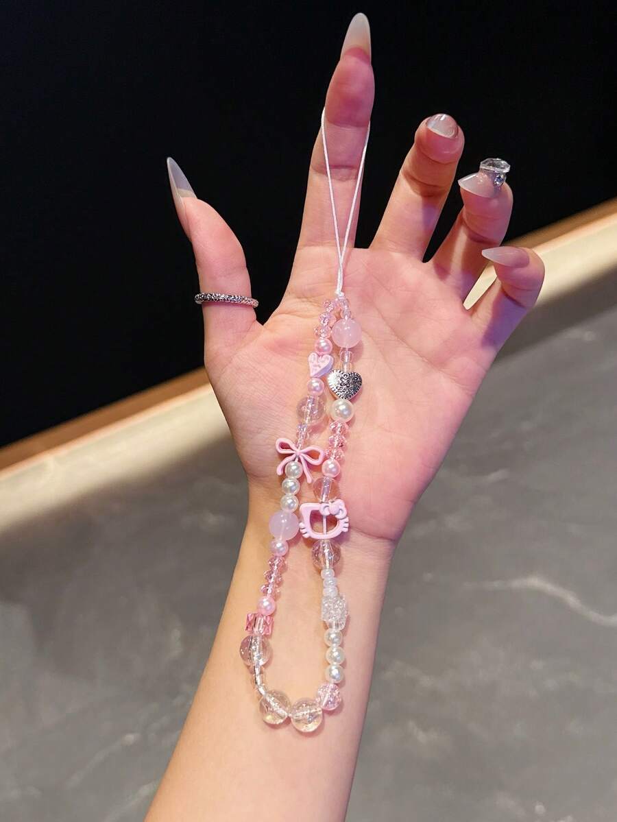 SANRIO Polyester Faux Pearl Beaded Bracelet, Phone Strap Chain Bead Pendant, Portable Phone Chain Accessory - KT1 - 查看 1