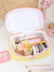 1 Pc/Set Cute Grid Pattern Cosmetics Storage Bag Foam Quilted Make Up Bag Pink Bow Print Travel Toiletry Bag Cute Yellow Cosmetics Storage Bag Large Capacity Makeup Pouch Lovely Grid Print Home Items Organizer Bag Multi-Functional Handheld Make Up Bag Zippered Pencil Case Classic Grid Print Jewelry Organizer Bag,