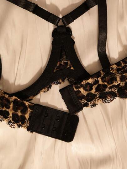 Leopard Print Kanten Patchwork Mesh Crotchless Panties Women Verleidelijke Lingerie Set view 7
