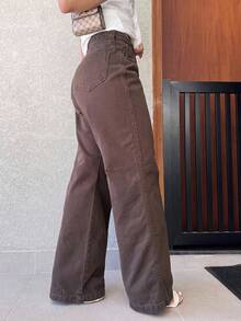 Pants/Wide Leg/Jeans/High Waist Women's Jeans Without Lycra - Màu nâu Sô-cô-la - Xem 3