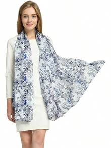 100% Mulberry Silk Scarf For Women Lightweight Long Scarves Beach Wraps Cover Up -Travel Photography Scarfhalloween - 藍白 - 查看 1