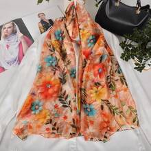 100% Mulberry Silk Scarf For Women Lightweight Long Scarves Beach Wraps Cover Up -Travel Photography Scarfhalloween - 水仙橙色背景顏色 - 查看 9