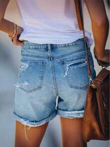 Women's Distressed Frayed Hem Casual Denim Shorts - Light Wash - View 2