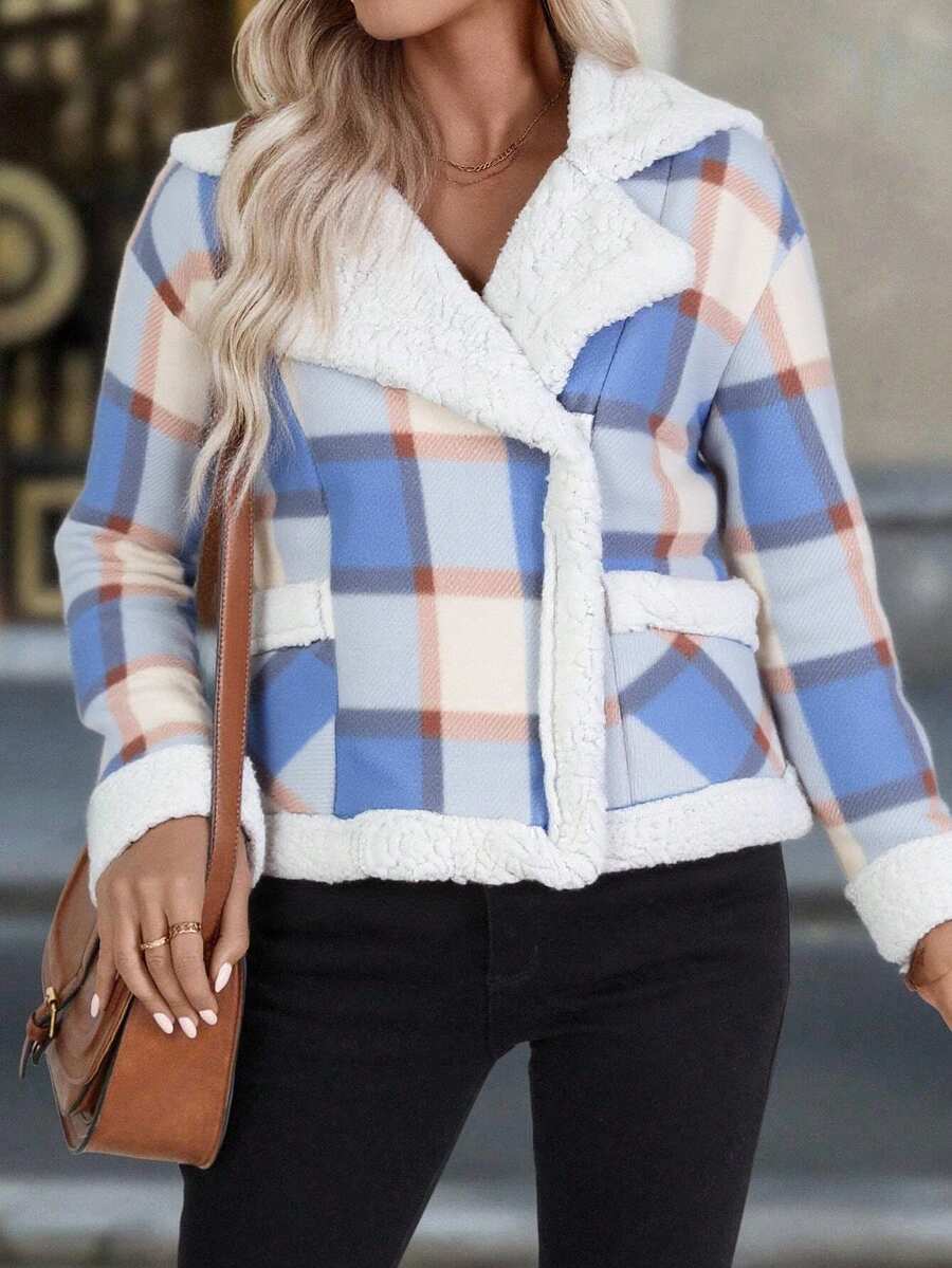 Chamarra invierno dama mujer forro borrego tejido polar cuadros suave caliente calientito botón manga larga cuello doble solapa bajo recto dos bolsillos laterales posterior a tono bajo recto casual día noche festival comida cena calle otoño invierno - Azul y blanco - Ver 1